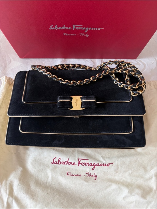 Salvatore Ferragamo Handbags - Salvatore Ferragamo Black Suede Vara Bow Chain Shoulder Bag with Gold Trim